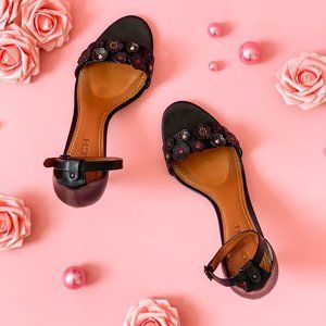 Coach Tea Rose Mid Heel Black Sandals Size 9